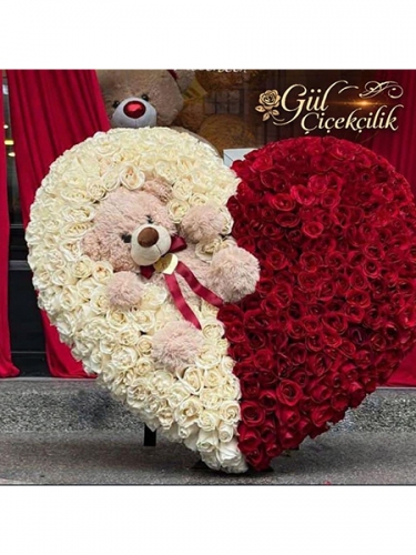 Dev Kalp Gül Aranjmanı & Sevimli Ayıcık